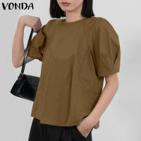 MASHYCHIC VONDA เสื้อแขนพองผู้หญิงเสื้อสตรีแบบจีบหลวมเสื้อยืดคอกลมสีพื้น (ลำลองเกาหลี)