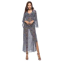 Women New Sexy V Neck Flare Sleeve Chiffon Long Maxi Dress High Split Boho Chic Beach Wear Output Bohemian Dress Beach pareo Robe