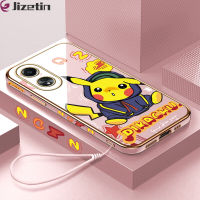 Jizetin OPPO A58 4G ฟรีสายคล้อง + เคสขอบสี่เหลี่ยมลายการ์ตูน Pikachu น่ารักชุบเคสโทรศัพท์เคสโทรศัพท์นิ่มชุบหรูหรา