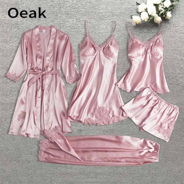 oeak-ชุดนอนสีพื้นของผู้หญิง-ชุดนอนผ้าซาตินลูกไม้ปักลายสุดเซ็กซี่ชุดใส่อยู่บ้านชุดเสื้อคลุมตอนกลางคืนจำนวน5ชิ้น