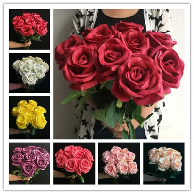 11P Real Touch Feel Rose PU Rose Flowers Artificial Latex Roses for Wedding Bridal Bouquet Table Centerpieces Decorative Flower