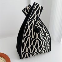 Plaid Tote Japanese Knit Wide Bags Bag Wrist Reusable Mini Student Shopping Knit Handbag Tote Bag Knot Wrist Bag