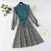 HOT14★Autumn Winter New O-neck Patchwork Women Corduroy Elegant Lady Floral Print Knitted Dress Midi Lantern Sleeve Sashes Bow Dress