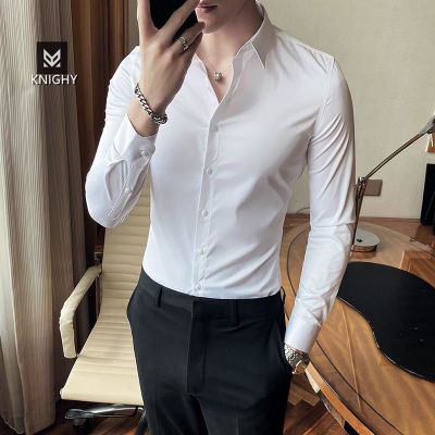 KNIGHT เสื้อเชิ้ตแขนยาวของผู้ชาย,เสื้อเชิ้ตสีขาวบริสุทธิ์แฟชั่นเข้ารูปทรงสลิมฟิตเวอร์ชันเกาหลี