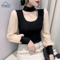 YIMEI แบบบางสีดำบาง Bubble แขนเสื้อ Bottoming เสื้อ2022ฤดูใบไม้ร่วงดีไซน์ใหม่ Sense Heavy เจาะสแควร์คอเสื้อหญิง MODE Korea แขวนคอเสื้อยืด