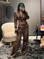 【DT】hot！ Clacive Leopard Print Piece Outfits 2023 Fashion Sleeve Shirts With Mid Waits Wide Leg Pants Set Female