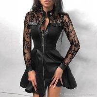 【CW】✹  Mesh Patchwork Design Leather Ladies Dresses