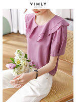 Vimly หลวม Ruffles ter Pan Collar เสื้อผู้หญิงฤดูร้อน2023บาง Acetate ผสม Pullover ตรงแขนสั้น Lady Tops