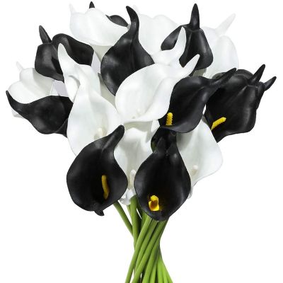 20Pcs Calla Lily Bridal Wedding Bouquet PU Artificial Flowers Arrangement for Home Office Party Decor(Black and White)
