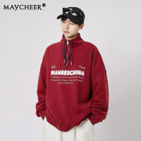 MAYCHEER เสื้อยืดแขนยาวแฟชั่นเสื้อกันหนาวพิมพ์ลาย INS คอตั้งผู้ชาย