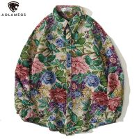 Aolamegs Shirt Men Vintage Watercolor Floral Print Oversized Shirts Coat Autumn Retro Harajuku Hip Hop Fashion Casual Streetwear