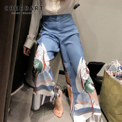 2021CHEERART Japanese Wide Leg Pants Women Ukiyoe Print Summer Pants Loose Trousers Palazzo Pants Blue Clothing