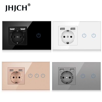 JHJCH Touch Sensor Switch With Socket With Usb Crystal Glass Panel 146*86mm 220V 16A Wall Socket With Light Switch 1/2/3Gang 1Wa