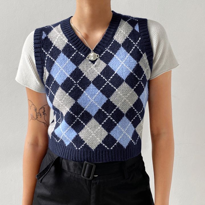 hot-sale-womens-casual-plaid-knitted-tank-top-knitwear-preppy-style-v-neck-vest-sweater