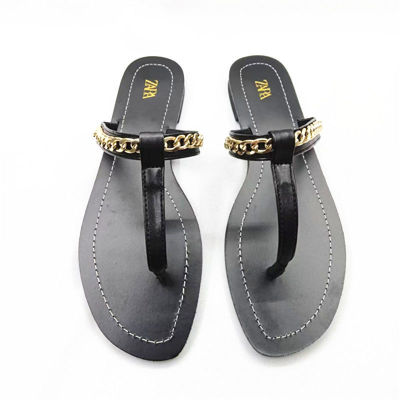 slippers  new womens shoes black chain decorated with cow leather flat pinch sandals Flip Flops