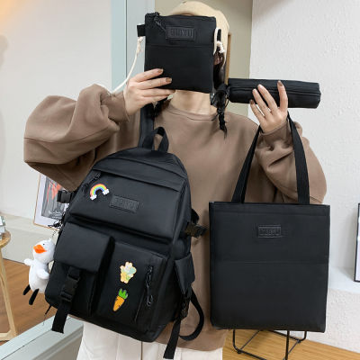 4pcs Set Harajuku Womens Backpack Waterproof Canvas School Bags Large Capacity Student Backpack Bookbag Pure Color Mochila Tote
