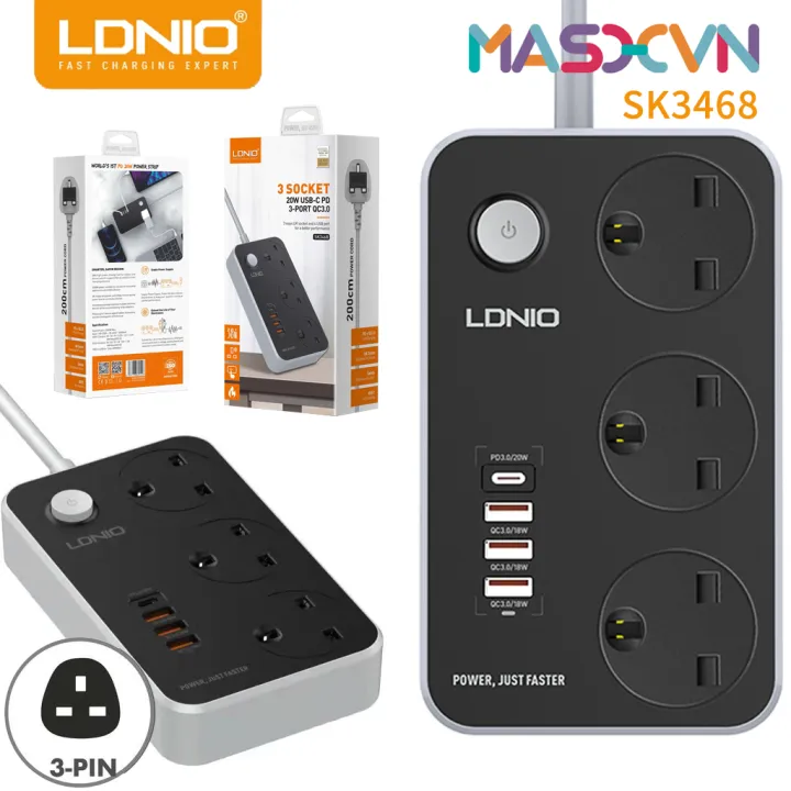 LDNIO SK3468 38W PD20W Power Strip 2Meter Wall Extension Plug Cord