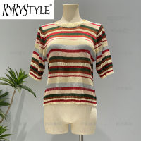 RYRYSTYLE เสื้อแขนกุดแขนสั้นลายทางสีรุ้งคอกลมเข้ารูปพอดีฤดูร้อนแฟชั่นผู้หญิงเสื้อยืด