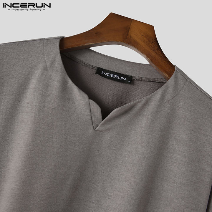 incerun-เสื้อยืดคอวีคอวีสำหรับผู้ชาย-เสื้อยืดลำลองแบบสวมหัวแขนยาวเสื้อยืดธรรมดาเรียบ