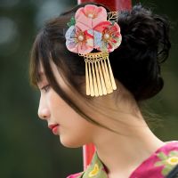► Hair Japanese Kimono Clip Accessories Flower Clips Tassel Pin Hairpin Style Barrettechinese Geisha Kanzashi Hanfu Women RedTH