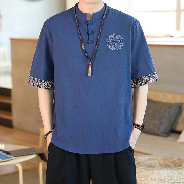 เสื้อเสื้อยืดลินินแขนสั้นผู้ชายสไตล์-chinoiserie-ชุดจีน-เสื้อผ้าแฟชั่นฝ้ายลินินขนาดใหญ่ย้อนยุคบางทรงหลวม