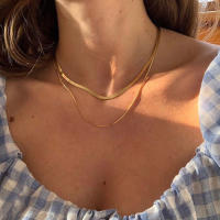 2021 Popular Hypoallergic 14k Gold Plated Double Layer Chain Necklace Herryingbone Box Chain Minimalist Gold Necklace for Woman