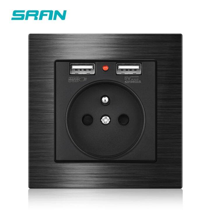 sran-16a-french-usb-wall-socket-with-usb-plug-2-1a-aluminum-alloy-brushed-panel-86mm-86mm-electrical-outlets-for-home-appliance