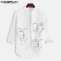 ℡☏ Incerun เสื้อเชิ้ตลําลอง แขน 3/4 พิมพ์ลาย ติดกระดุม ทรงหลวม แฟชั่นสําหรับผู้ชาย