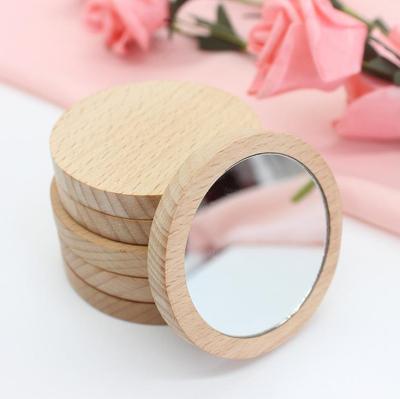 Wooden Small Round Mirror Portable Pocket HD Mirror Wood Mini Makeup Mirror vanity mirror Mirrors