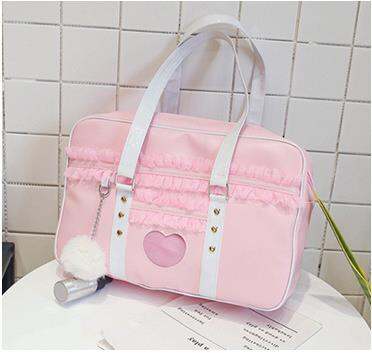 japan-harajuku-kawaii-shoulder-bag-women-jk-lace-ruched-handbag-lolita-transparent-heart-hand-bag-with-plush-pendant