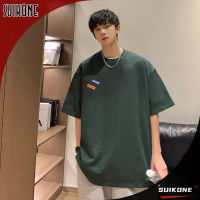 Suikone เสื้อยืดผู้ชายคอกลมหลวมใหญ่สไตล์แขนสั้นวางสีทึบเรียบง่ายสะพายไหล่