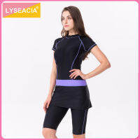 LYSEACIA L-XXXL ชุดว่ายน้ำแขนสั้นสำหรับผู้หญิงเสื้อตัวยาวมีซิปด้านหน้า + กางเกงขาสั้นชุดว่ายน้ำสองชิ้นสตรีชุดว่ายน้ำเล่นเซิร์ฟผ้ายืดมีซิปด้านหน้า