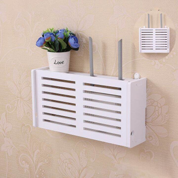 1xwireless-wifi-router-storage-box-shelf-wall-waterproof-bracket-cable-organizer-wood-plastic-wall-shelf-hanging-plug-bracket