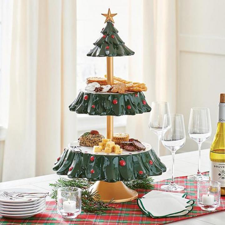 ที่วางที่วางคัพเค้กโต๊ะขนมหวานจานผลไม้แบบสองชั้นสำหรับของตกแต่งบ้านถาดเสิร์ฟอาหารต้นคริสต์มาส