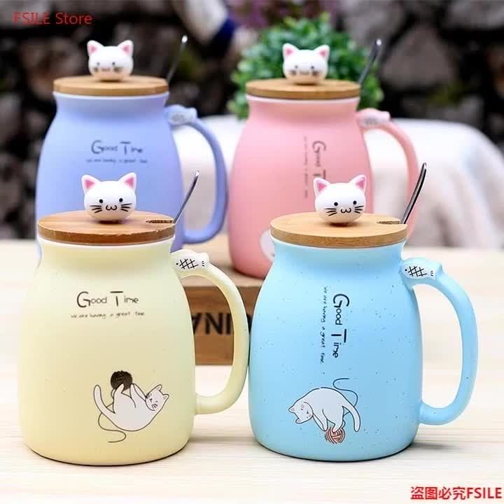 FSILE 450ml kartun seramik Cat Mug dengan tudung dan sudu kopi susu teh ...