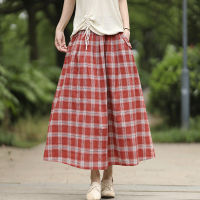 Johnature Women Plaid Skirt Cotton Elastic Waist Pocket Casual Vintage Clothing  Summer New Comfortable Soft Loose Skirts