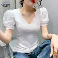 YIMEI เสื้อยืดแขนพองมีรอยย่น MODE Korea สำหรับผู้หญิง2023ฤดูร้อนใหม่สีขาวเพรียวบางแขนสั้นเสื้อยืดผ้าฝ้ายคอวีสำหรับผู้หญิง