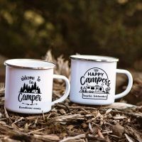 hotx【DT】 Personalized Campfire Mug 12oz Enamel Camping Mugs Outdoor Camp Mountain Happy Camper Tin Cup