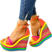 Elegant Hot Sale Rainbow Colorful 2022 Summer Wedges Bright Sandals Party Platform Extreme High Heels Shoes Womans Plus Size 43