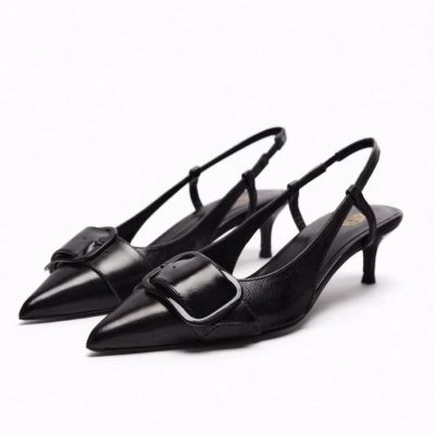 ZA Home Summer 2023 New za.ra Womens Shoes Black cow leather slingback cat heel