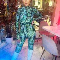 American serpentine printing connects body pants round neck long sleeve to fix tight jumpsuits personality fashion sexy backless dress