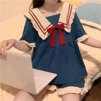 【JH】Pajamas WomenS Summer Set Short-Sleeved Suit New Princess Navy Style Sweet Kawaii Student Cartoon Ladies Bow Tie Home Clothes