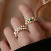 Trendy Fine 14K Real Gold Rhombus Emerald Pearl Opening Rings For Women Adjustable Design High Jewelry AAA Zircon Party Gift