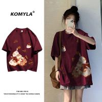 ﹉✕❂ 100 pure cotton wine red Year of the Rabbit print short-sleeved T-shirt womens ins trendy brand niche design spring and summer new tops