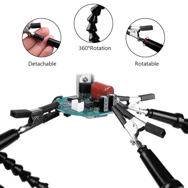 helping-hands-soldering-third-hand-pcb-tool-with-6-flexable-arms-light-rotatable-clips-and-stable-desk-clamp-base-for-soldering-assembly-repair-modeling-diy-black