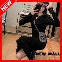 NEW MALL WomenS Long Dresses Black Slim Dresses Mid Length Knee Dresses Back Slit Bottoming Skirt