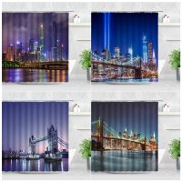 3D New York Brooklyn Bridge Night View Shower Curtains London City Natural Scenery Modern Home Decor Hooks Bathroom Curtain Set