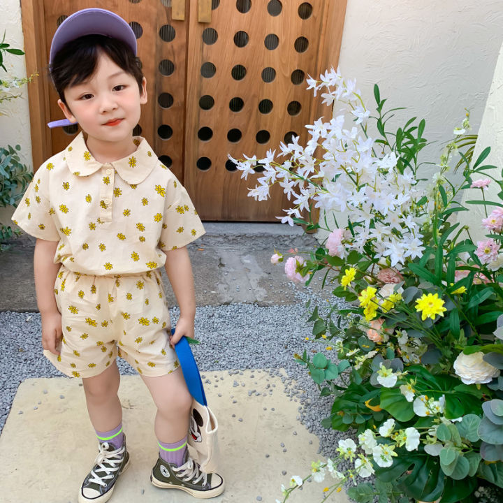 ชุดพี่น้องเด็ก-2021-กางเกงขาสั้นเด็กผู้ชายและเด็กผู้หญิงในช่วงฤดูร้อนเหมาะกับชุดเดรสเด็กลายดอกไม้กระโปรงผ้าฝ้ายลายดอกไม้