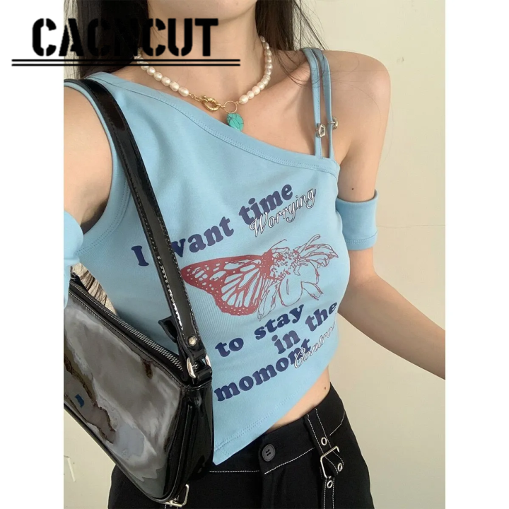 cacncut-เสื้อเสื้อยืดคอกลมผู้หญิงสำหรับนักเรียนหญิง-เสื้อเปิดไหล่สั้นเปิดไหล่แบบอเมริกัน