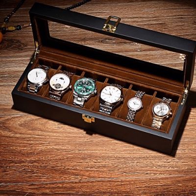 กล่องเก็บนาฬิกากล่องใส่นาฬิกากล่องใส่นาฬิกาข้อมือ  กล่องไม้เก็บนาฬิกาข้อมือ 6 ช่อง สําหรับผู้ชาย กล่องเก็บเครื่องประดับ ที่เก็บนาฬิกา